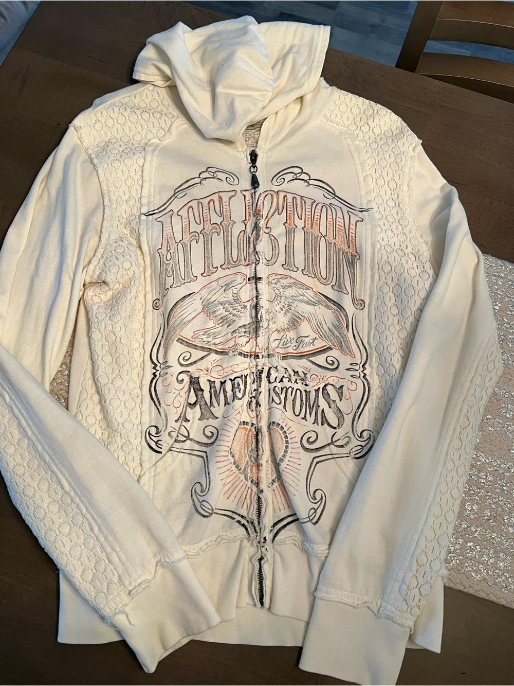 Affliction Cream Lace-Panel Zip Hoodie with Vintage Graphic Y2K - Picture 2 of 7
